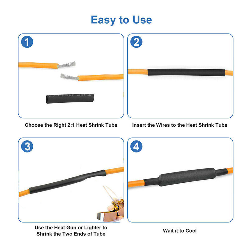 Waterproof Heat Shrink Sleeving Tube Assortment Kit 2:1 Black Shrinkage Sheath