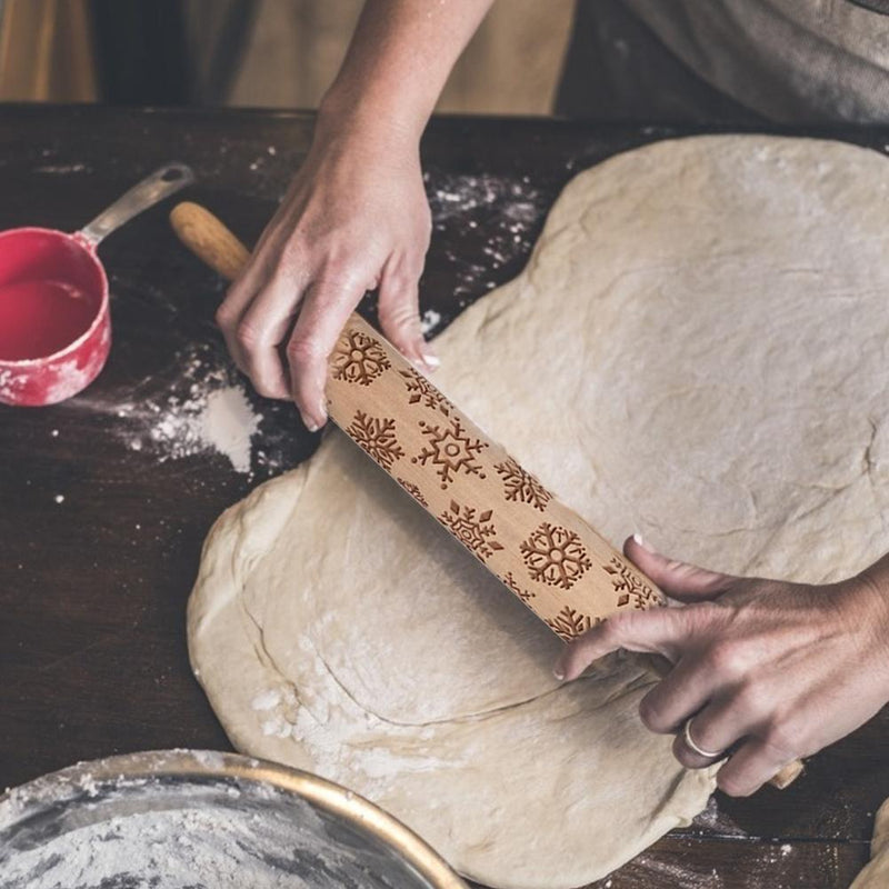 Christmas Gift Pattern Wooden Rolling Pin Dough Engraved Roller DIY Supplie