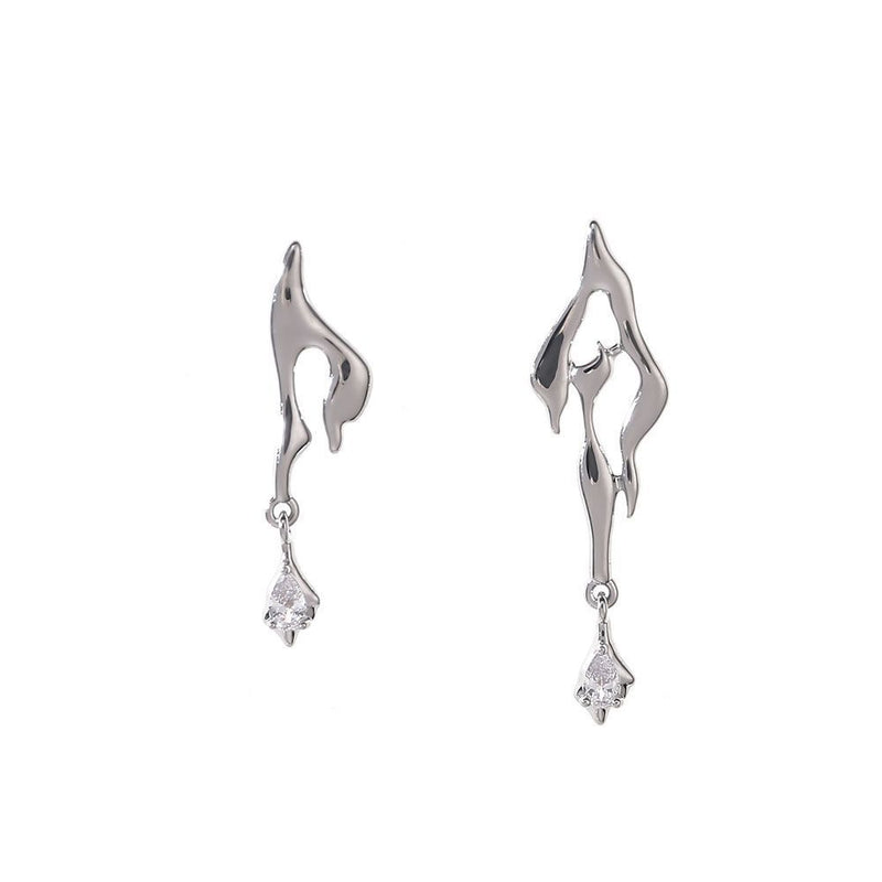 Woman Man Irregular Asymmetrical Cool Geometric Earrings Zircon Liquid Metal
