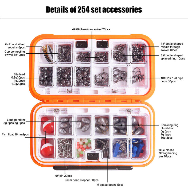 254pcs Waterproof Fishing Tackles Box Accessories Kit Set Rock Fishing Tools