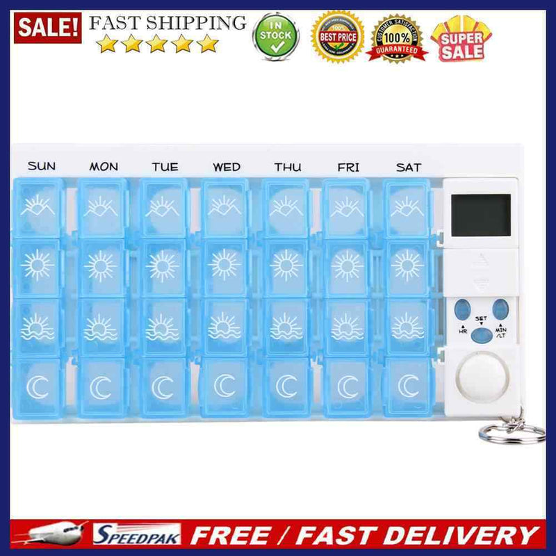 Electronic Medicine Storage Timer Tablet Container Weekly 28-Grid Pill Disp