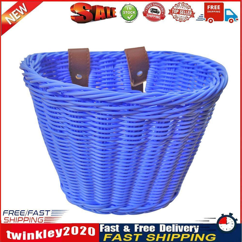 Kids Bike Basket Women Students Bicycle Rattan Weaving Front Basket (Blue) Newly