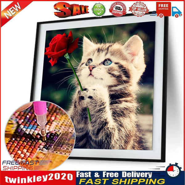 Naughty Kitten Cat Rose 5D Diamond DIY Painting Craft Home Decor Newly