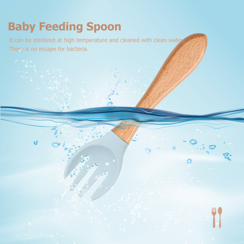 Baby Wooden Silicone Feeding Spoon Toddlers BPA-free Tableware (5) Newly