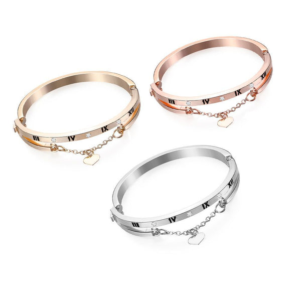 Women Jewelry Roma Letter Stainless Steel Cuff Bangles Heart Dangle Bracelet