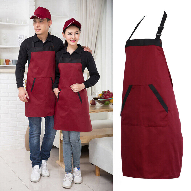 Unisex Halterneck Apron with 2 Pockets Chef Waiter Kitchen Cook Red Tool