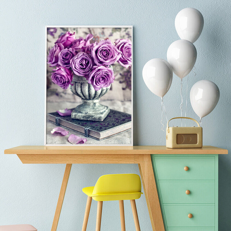 Full Drawing Diamond Drill Painting Round DIY Purple Rose 5D Home Decoration Kit