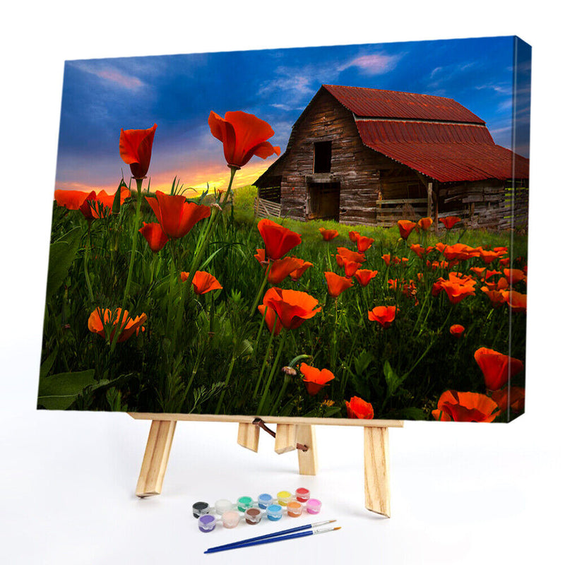 Canvas Painted Oil Paint By Numbers Cabin Flowers Wall Art Modern Bedroom D