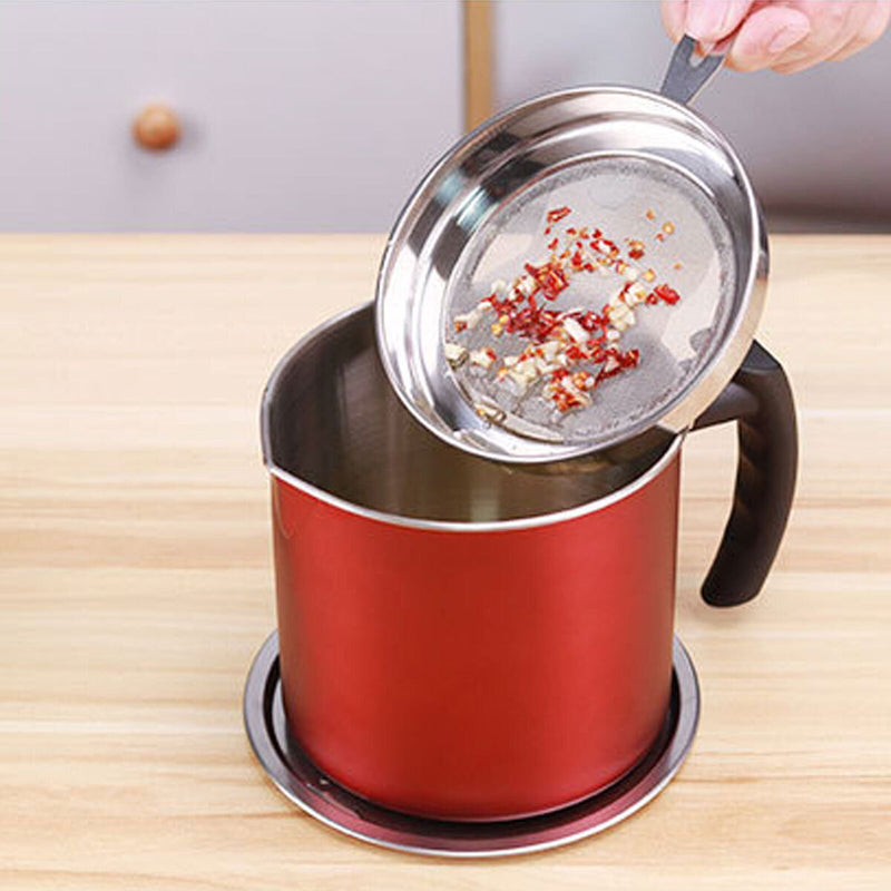 Stainless Steel Grease Strainer Container Oil Pot with Lid Can (Red)
