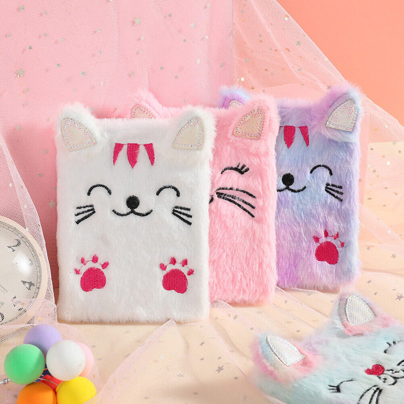 Cartoon Cat Plush Notebook Fluffy Daily Planner Journal Book (Pink) Newly