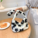 Women Retro Flower Print Hit Color Shoulder Bag Winter Plush Messenger Bags