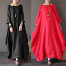 Plus Size Batwing Sleeve Rope Pure Color Linen Women Maxi Dress (Black 2XL)