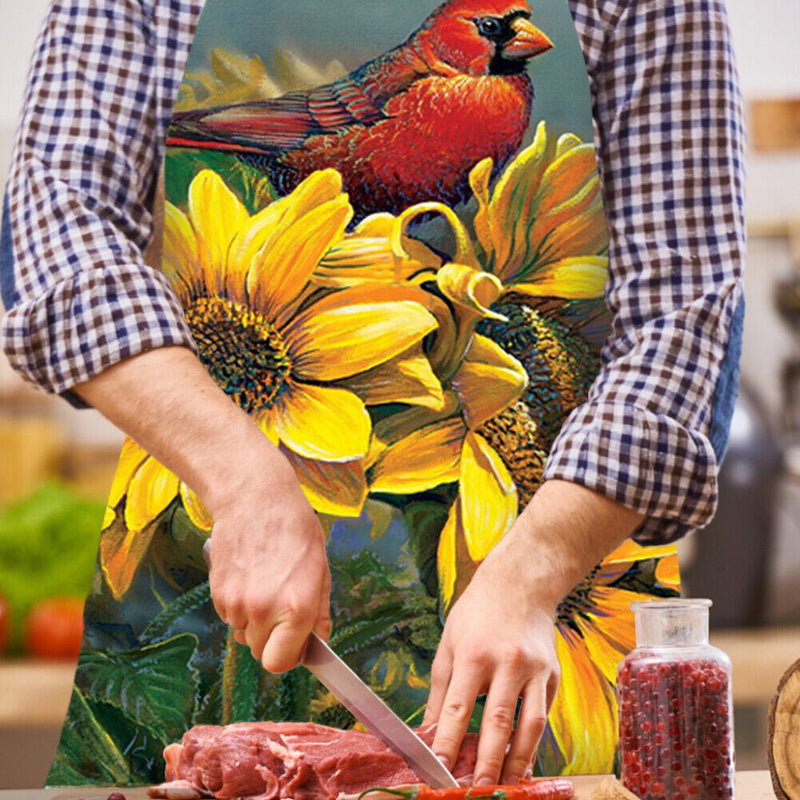 Sunflower Parrot Print Kitchen Linen Apron Sleeveless Waterproof Household Bi