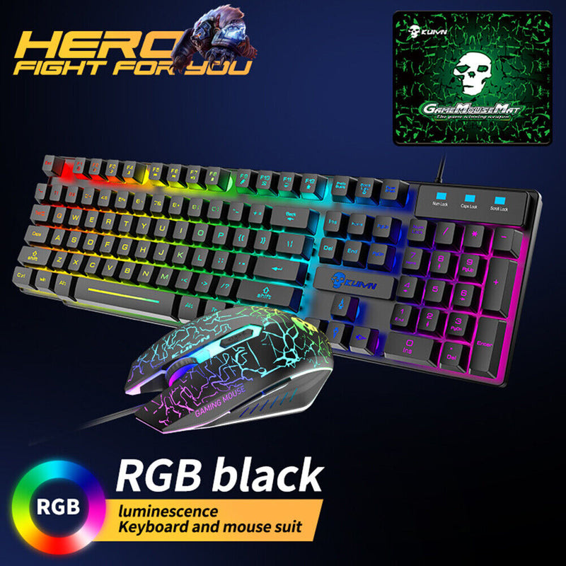 T6 Gaming Keyboard Mouse Mouse Pad Wired RGB Backlight 3-in-1 Kit (Black)