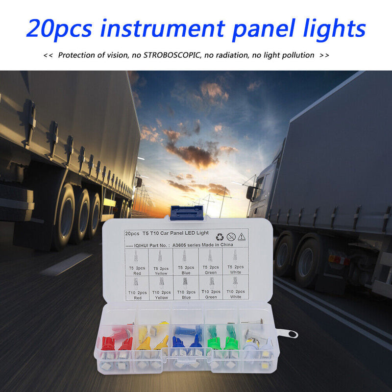20pcs Assorted T5 T10 LED Wedge Bulbs for Car Interior Instrument Cluster Light
