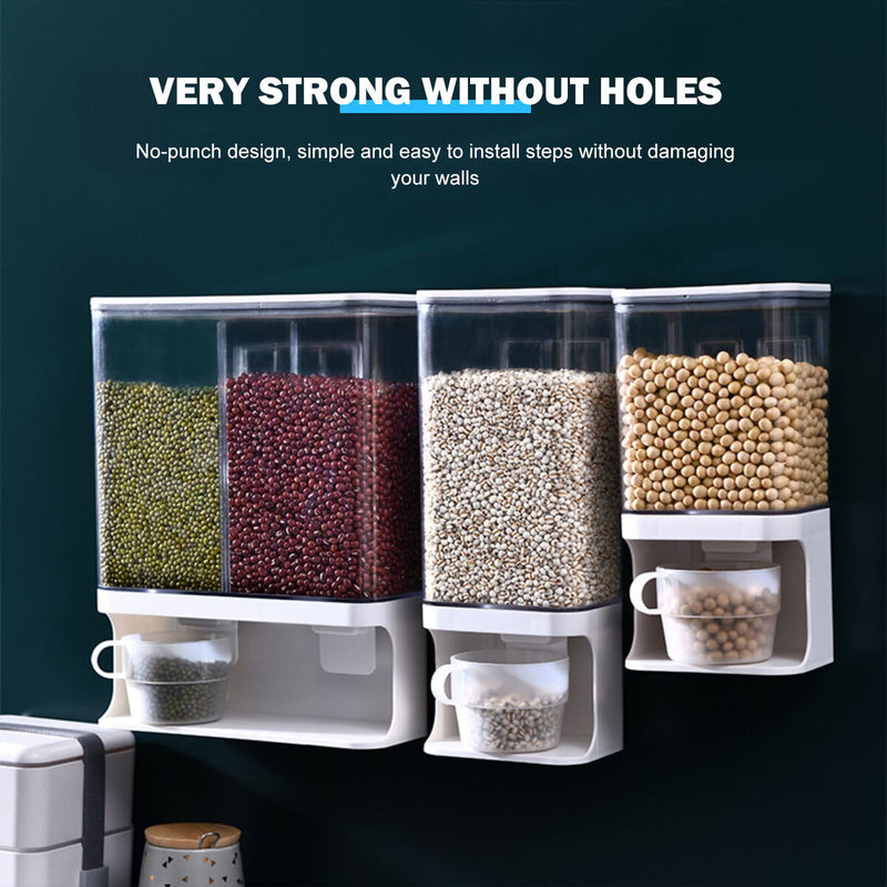 Wall Mounted Dry Food Dispenser Whole Grains Rice Bucket Large 1/2-Grid Storage
