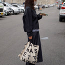 Letters Pattern Print Retro Top-handle Handbag Women Large Canvas Shopping Bags