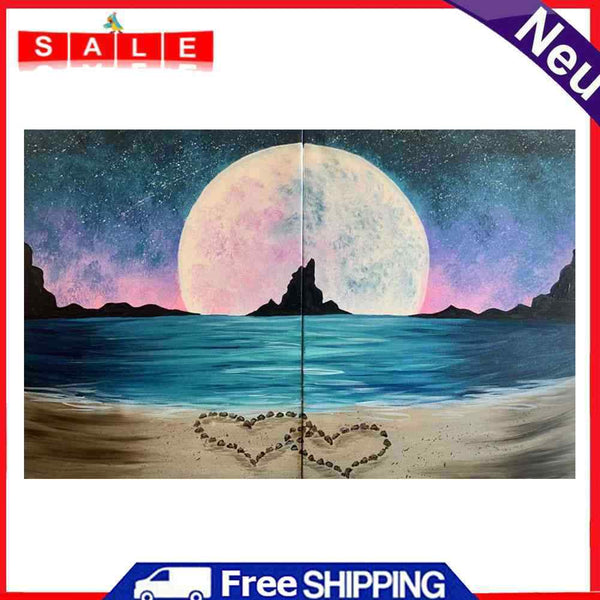 2 Beach Hearts Moon Oil Paint By Numbers DIY Coloring Picture for Adults Panels