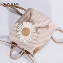 Straw Woven Backpack Women Summer Beach Fashion PU Flower Travel Shoulder Bags