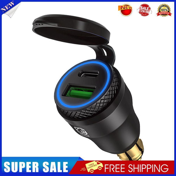 DIN Plug to QC3.0 + PD USB Charger w/ LED Light for Motorcycle (Black+Blue)