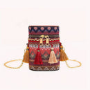 Woven Bucket Shoulder Bag Women Ethnic Tassel Chain Crossbody Bag (Red)