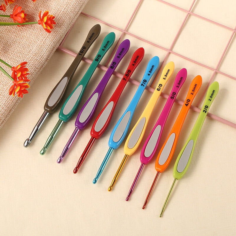 9pcs Aluminum Crochet Hooks ABS Handle Knitting Yarn Sweater Weave Tool (A)