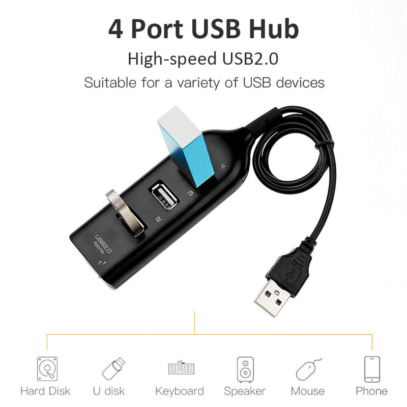 USB Hub 5Mbps High Speed Multi USB 2.0 Adapter 4 Port Splitter (Black)