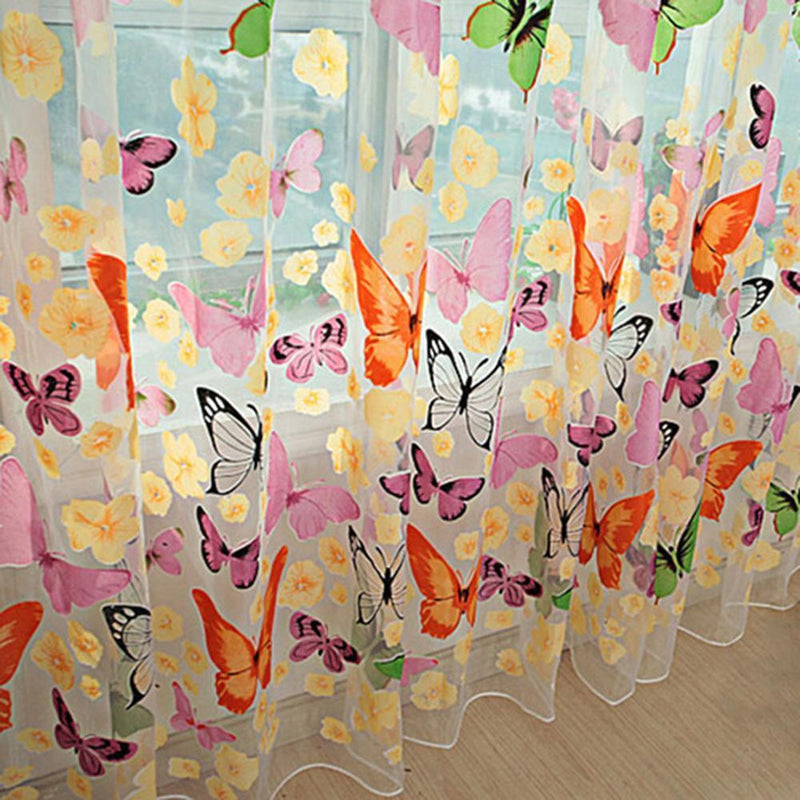 2pcs Colorful Butterlfly Printing Burnt-out Curtain Sheer Organdy Panel
