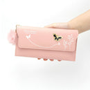 Women PU Flap Wallet with Plush Ball Lady Butterfly Coin Purse (Pink)