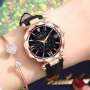 PU Leather Strap Quartz Watch Women Star Sky Round Dial Wristwatch (Black) Newly