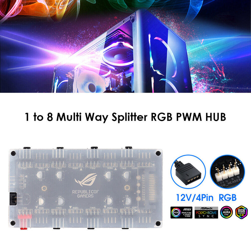 1 to 8 Multi Way Splitter RGB PWM Hub Controller Adapter (12V 4Pin+Shell) Newly