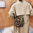 Fashion Women Leopard Print Plush Shoulder Bag Winter Chain Handbag (Brown)