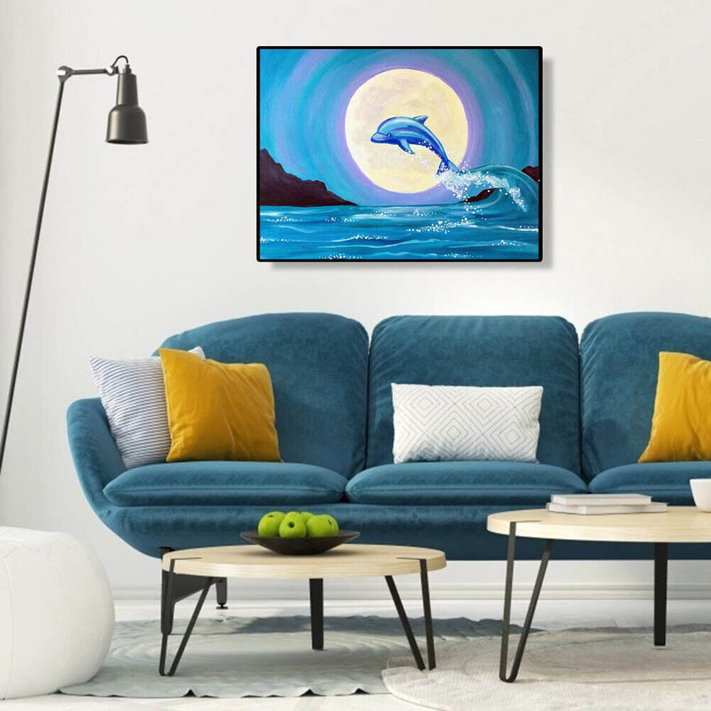 Moon Dolphin Frameless Picture Oil Paint By Numbers Hand Painted Picture Kit