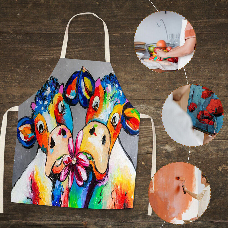 Oil Paint Cattle Print Kitchen Linen Apron Waterproof Bibs Pinafore for Women