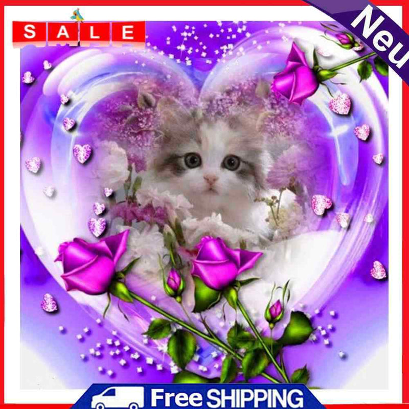 DIY Round Diamond Painting 5D Rose Cat Mosaic Picture Point Drill Handicraft