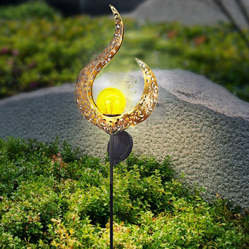 Solar LED Sun Moon Flame Light Retro Iron Landscape Lawn Lamps (B)(Yellow) Newly