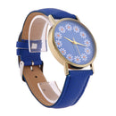 Women Lovely Flowers Printed Leather Belt Quartz Strap Student Watch(Blue)