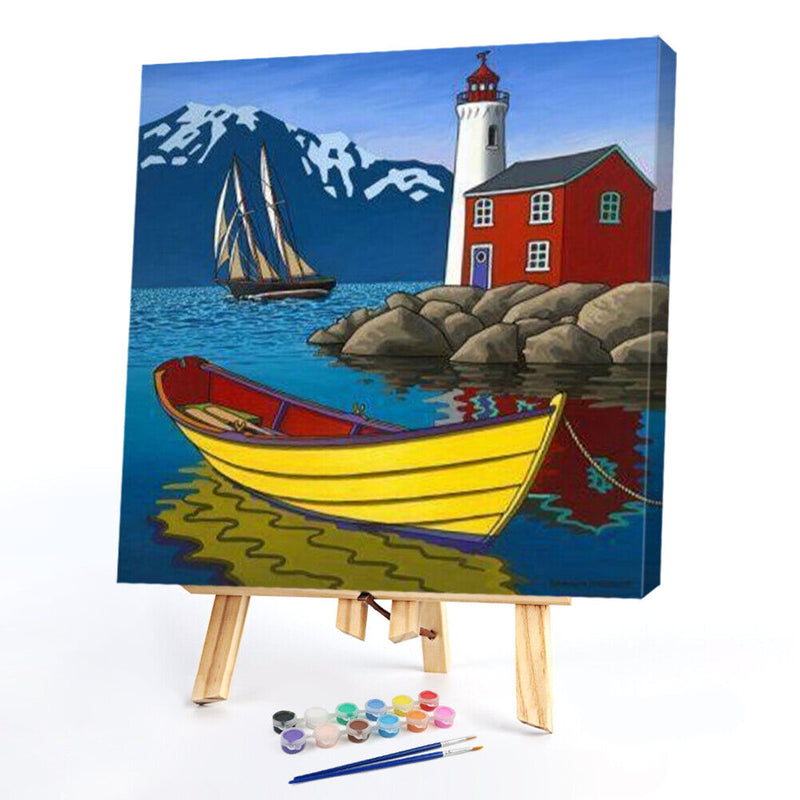 Lighthouse and Boat Frameless DIY Oil Paint by Numbers Kit Painted Artwork
