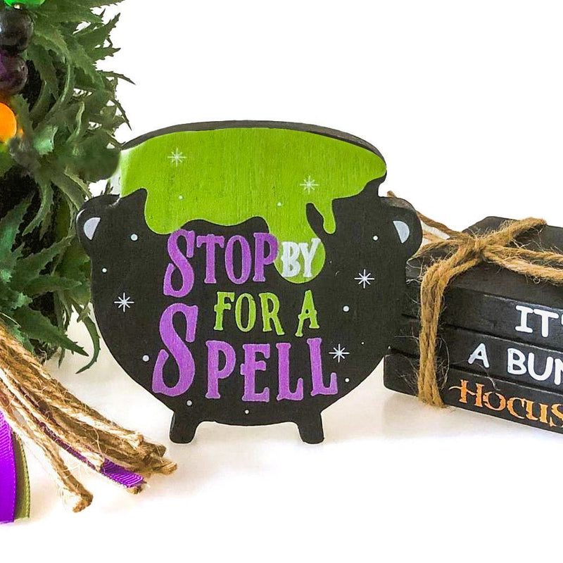 Witches Cauldron Sign Tiered Tray Decor Bead Garland Faux Book Stack