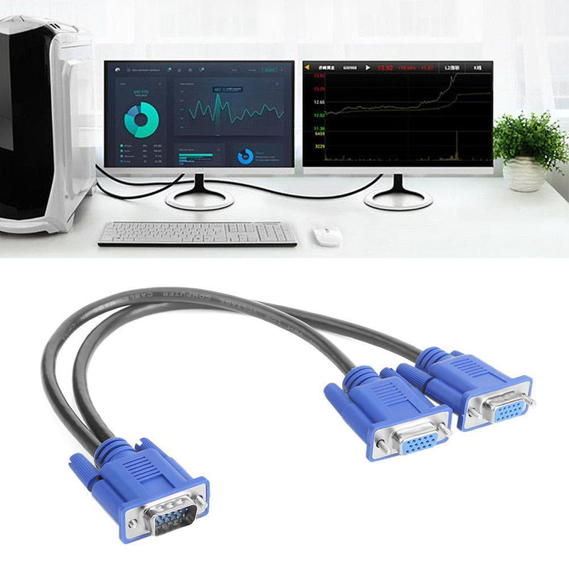 VGA Splitter Cable 1 Computer to Dual 2 Monitor Male to Female Wire (Blue)