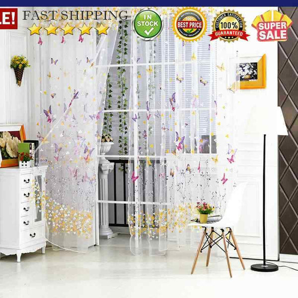 Butterfly Floral Tulle Voile Window Curtain Drape Panel (Rose 100X200cm