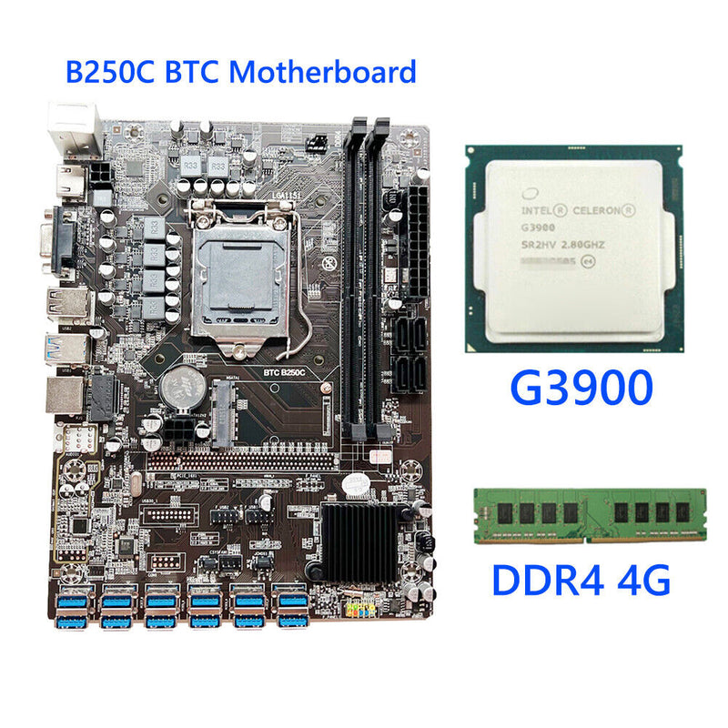 B250C BTC G3900/G3930 CPU DDR4 4G LGA1151 Miner Board 12 USB3.0 Motherboard Kit