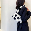 Fashion Women Plush Flower Print Shoulder Bag Casual Small Purse (White)