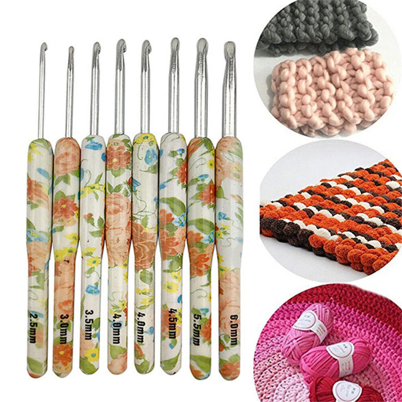#A 8pcs Printed Crochet Hook Kit Aluminum Yarn Stitching Weaving Needles Tools