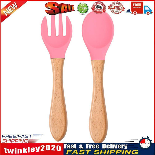 Baby Wooden Silicone Feeding Spoon Toddlers BPA-free Tableware (14) Newly