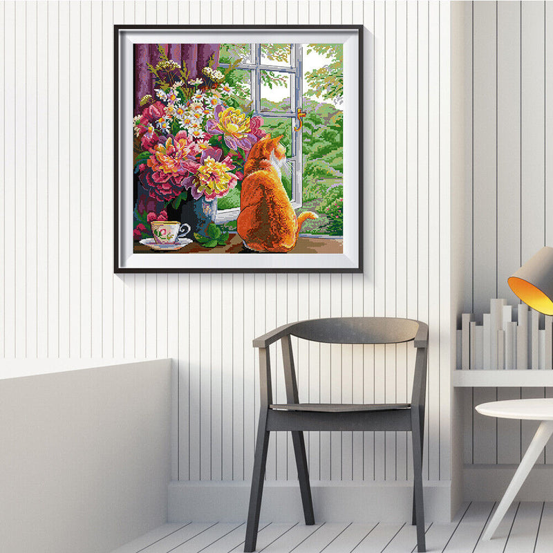 Partial Embroidery 14CT DIY Cat Flowers 2 Strands Kit Stamped Cross Stitch Craft