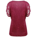 Women Print T-shirts Summer O Neck Short Sleeve Hollow Tops (Wine Red 2XL)