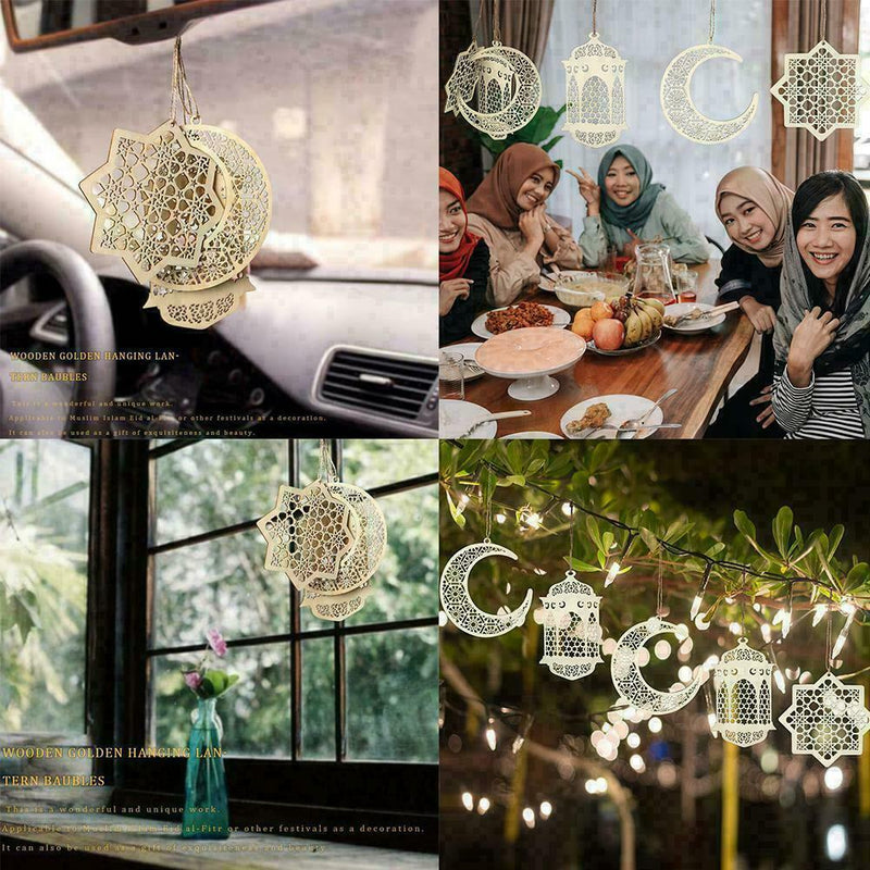 3pcs Eid Ramadan Mubarak Hollow Wooden Hanging Lantern Decorations 2022