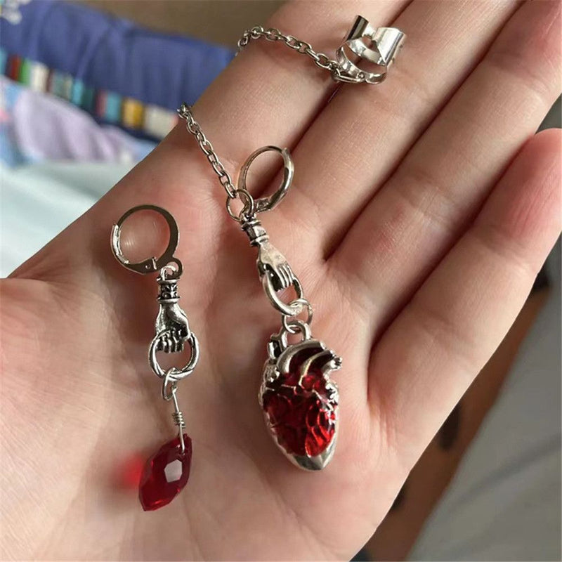 Witchy The Beating Heart Chain Ear Clip Asymmetrical Cuff Earrings Jewelry Gift