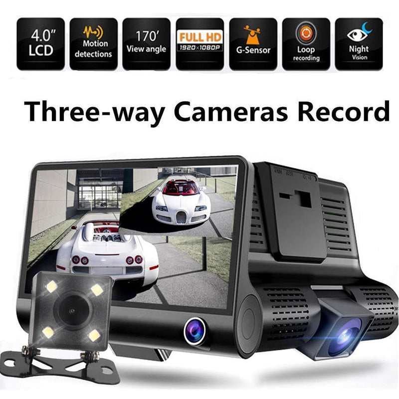 4 inches 1080P HD 170° 3 Lens Car DVR Dash G-sensor Recorder+Rearview Cam Newly